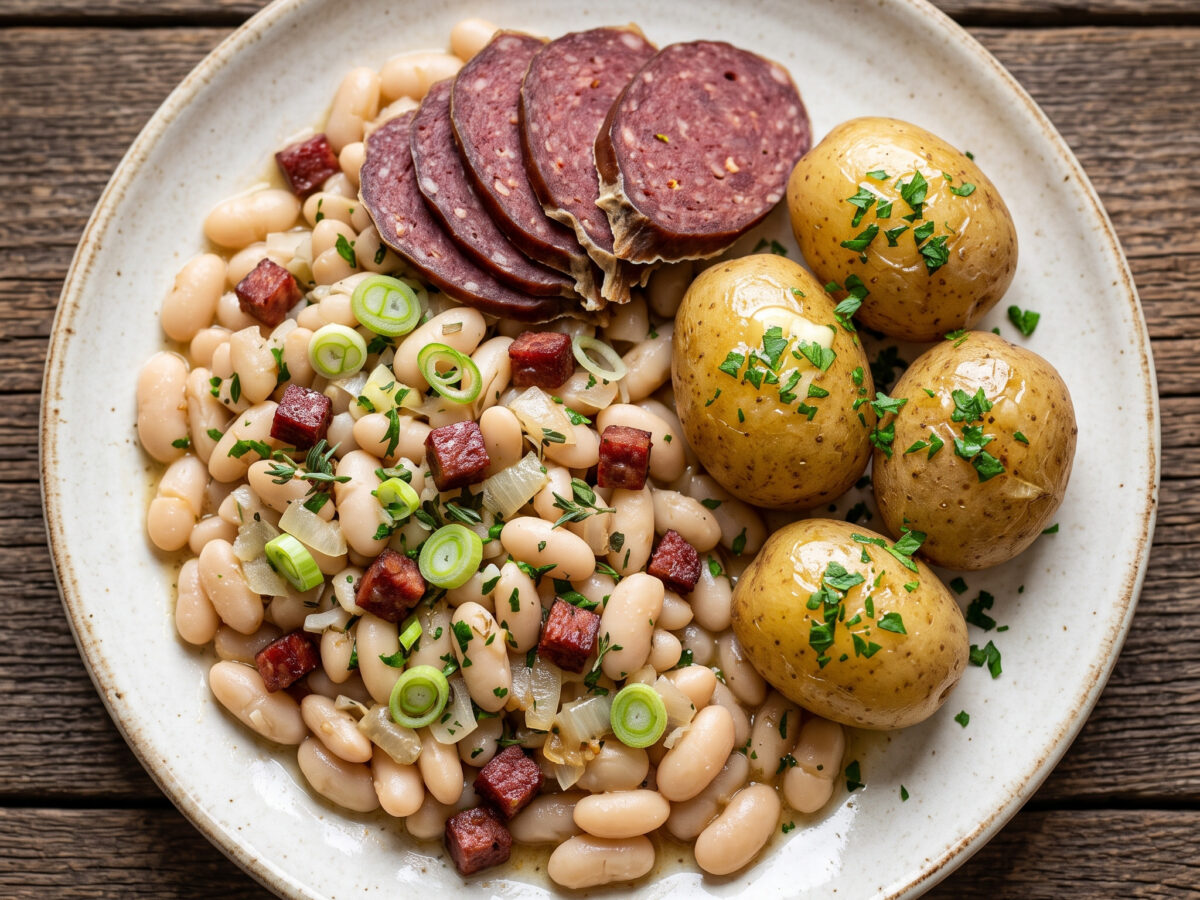 Ahle Wurscht mit weißen Bohnen und Pellkartoffeln