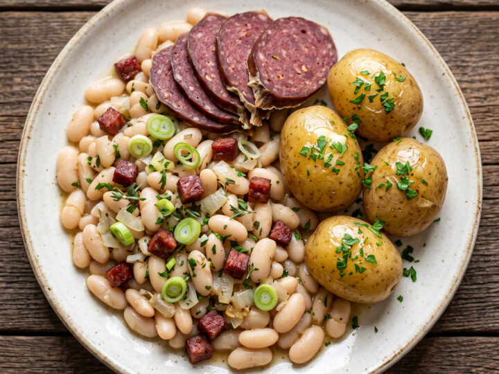 Ahle Wurscht mit weißen Bohnen und Pellkartoffeln