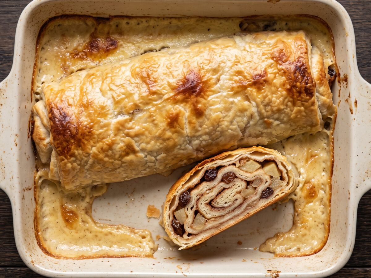 Süßer Strudel, niederbayerische Machart | Apfelstrudel mit Milch-Sahne-Guss | Dünner Teig, säuerliche Äpfel und ein saftiger Guss aus Milch und Sahne.