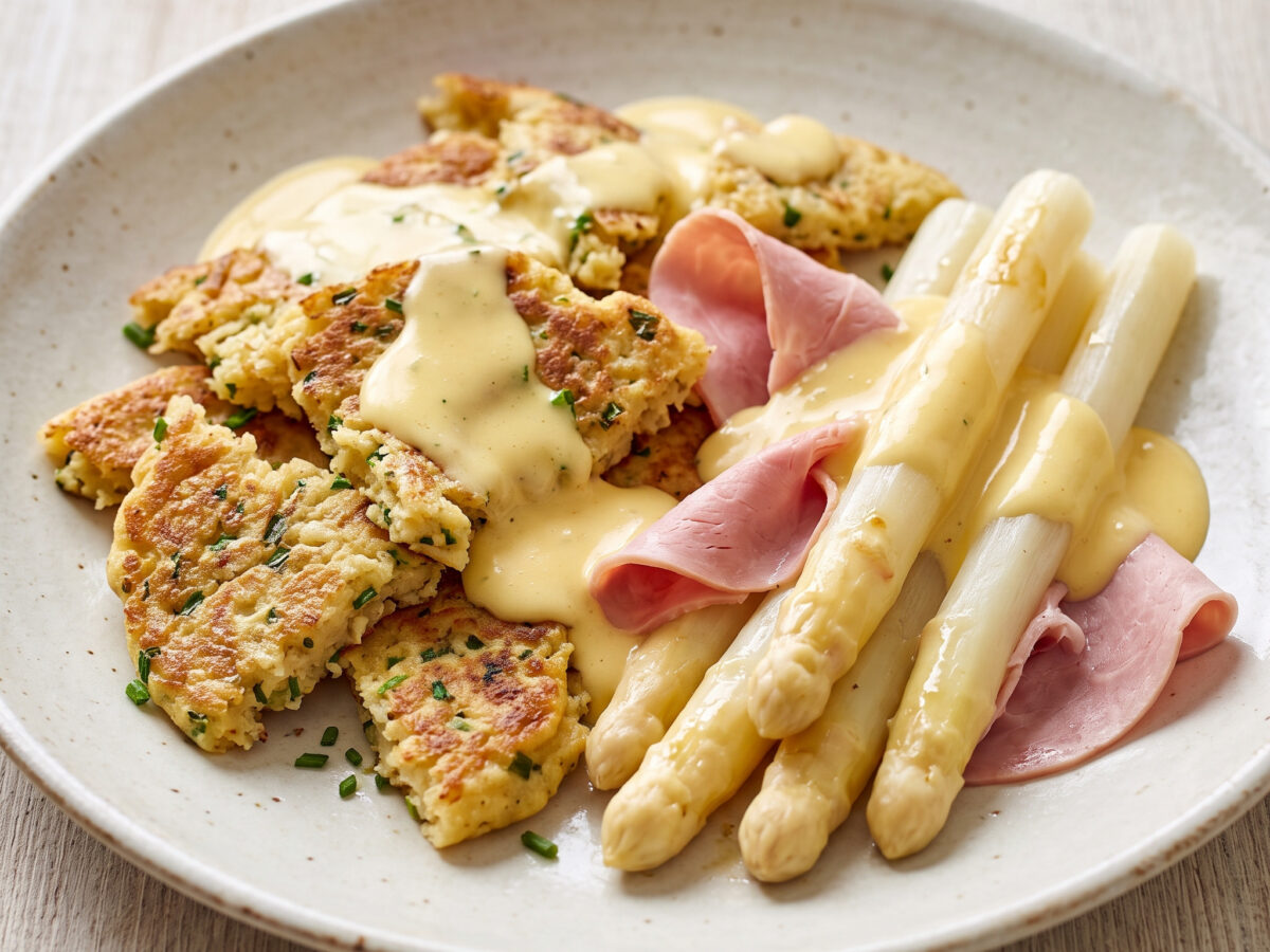 Badische Kratzete mit Spargel und Schinken