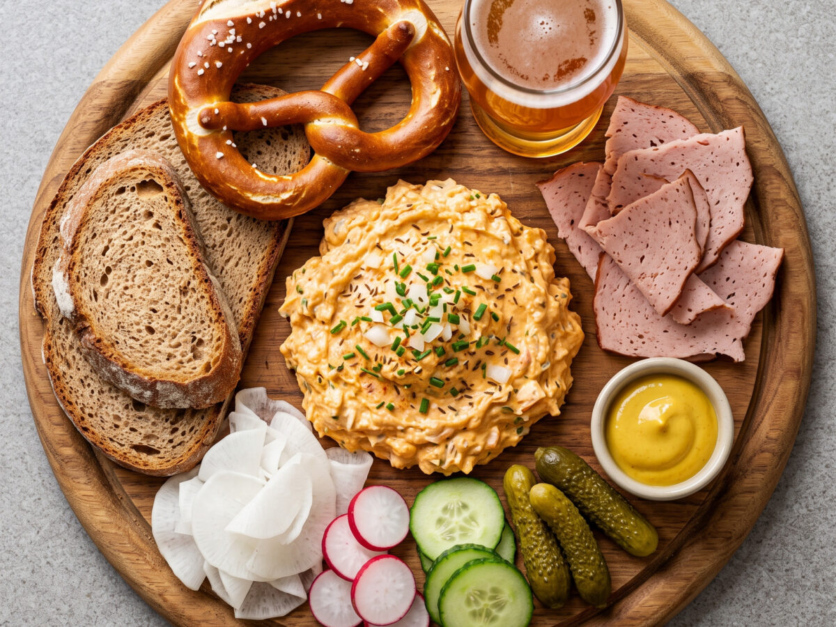 Bayerische Brotzeitplatte mit Obatzter und Leberkäse
