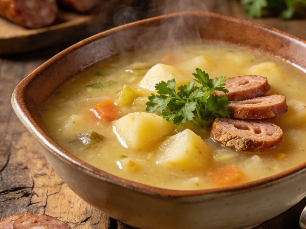 Ein dampfender Teller bayerische Kartoffelsuppe wärmt an gemütlichen Tagen.