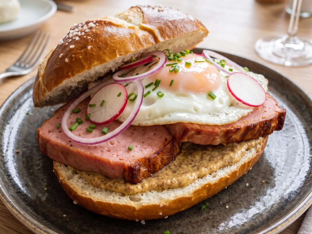 Bayerische Leberkäsesemmel mit Spiegelei