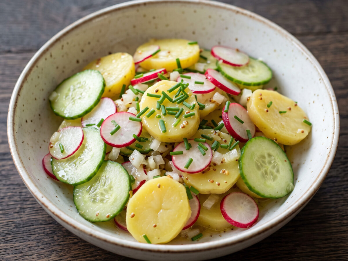 Bayerische Beilage | Kartoffelsalat mit Gurke und Radieschen | Lauwarm mariniert, saftig und frisch mit knackigem Gemüse