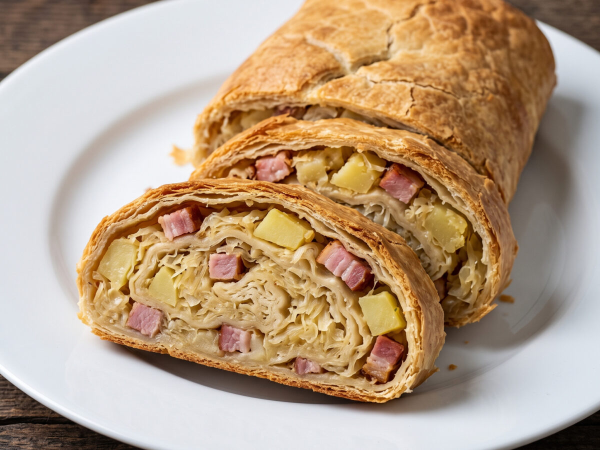 Bayerischer Krautstrudel mit Sauerkraut, Kartoffeln und Wammerl