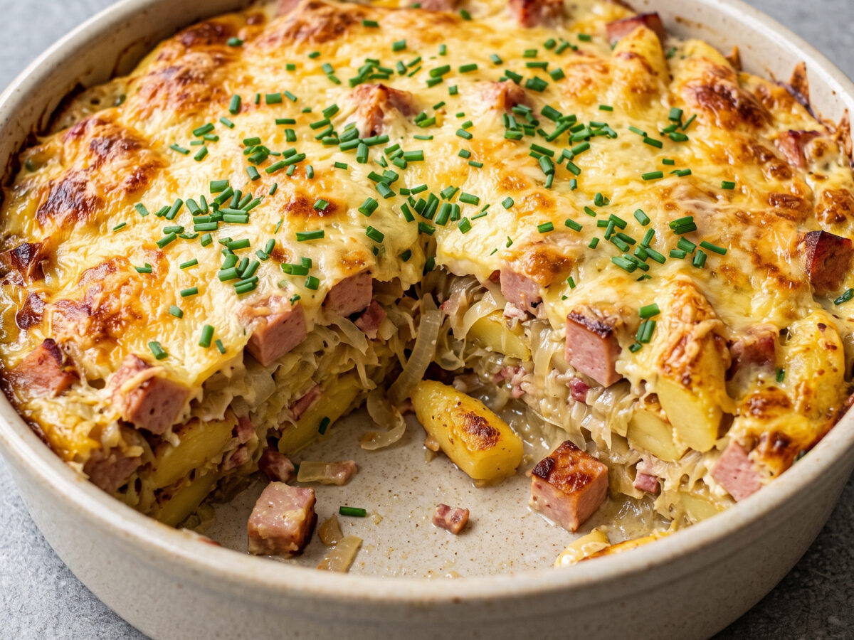 Bayerischer Leberkäse-Auflauf mit Sauerkraut und Schupfnudeln
