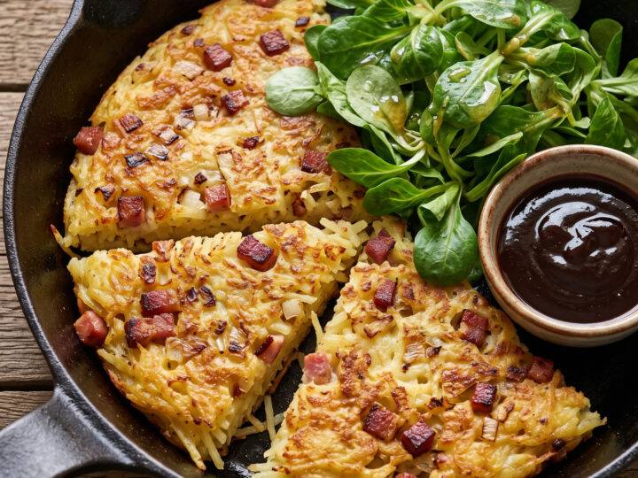Bergischer Kartoffelpfannkuchen | Pillekuchen mit Speck | Goldbraun aus der Pfanne, herzhaft mit Speck und knackigem Feldsalat.