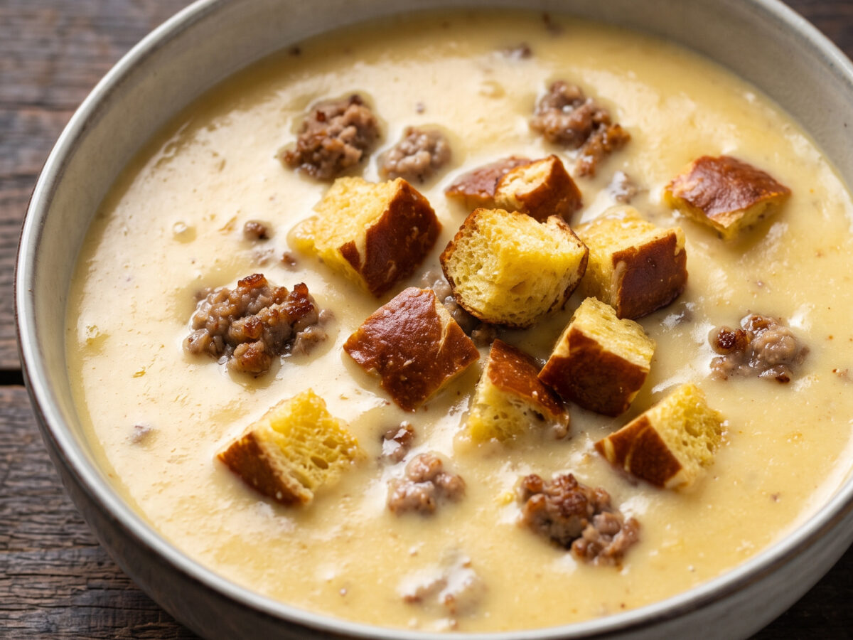 Bergkäsesuppe mit Mett und Laugen-Croûtons