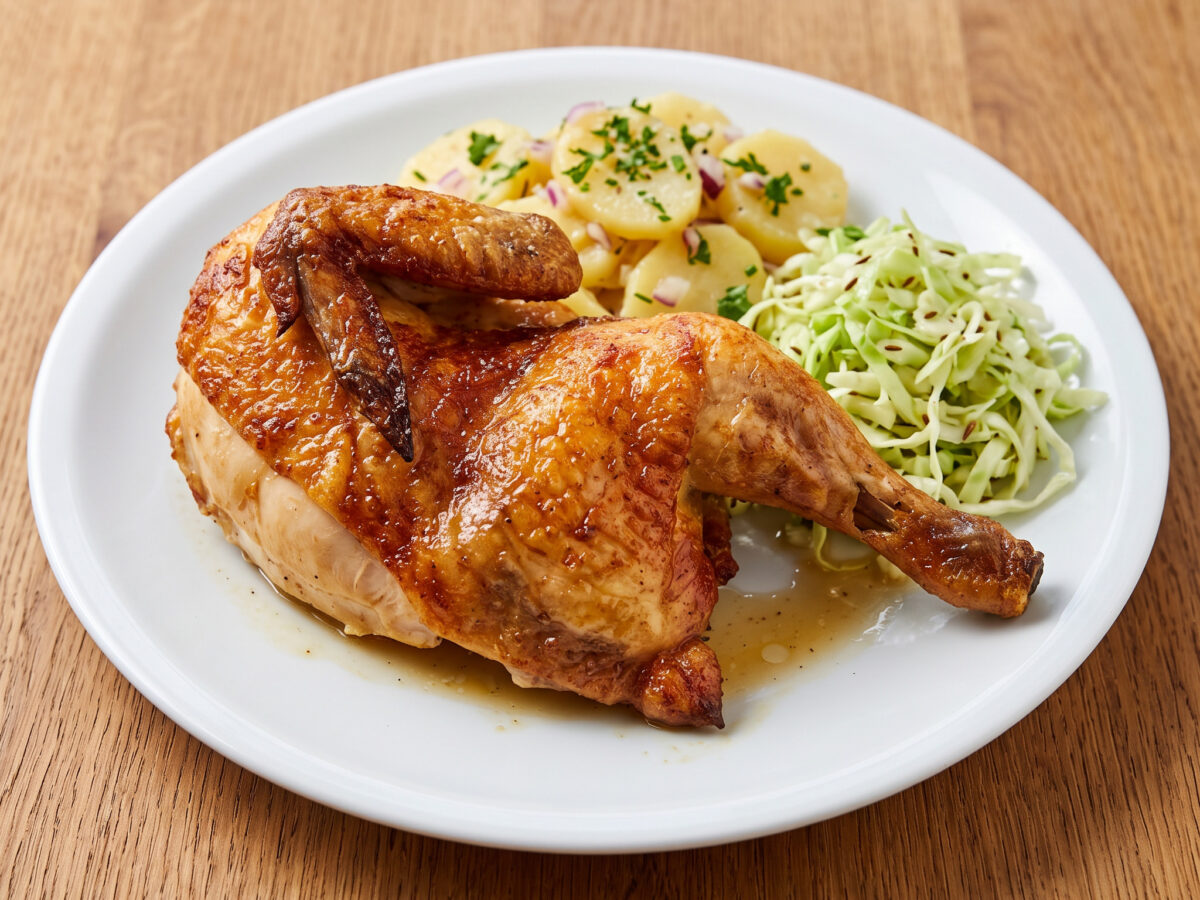 Berliner Brathähnchen mit Kartoffel- und Krautsalat