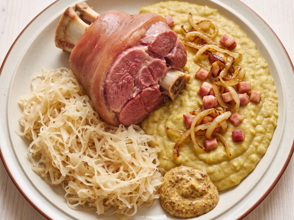 Berliner Hauptgericht | Eisbein mit Erbspüree und Sauerkraut | Zartes Eisbein, cremiges Erbspüree und würziges Sauerkraut