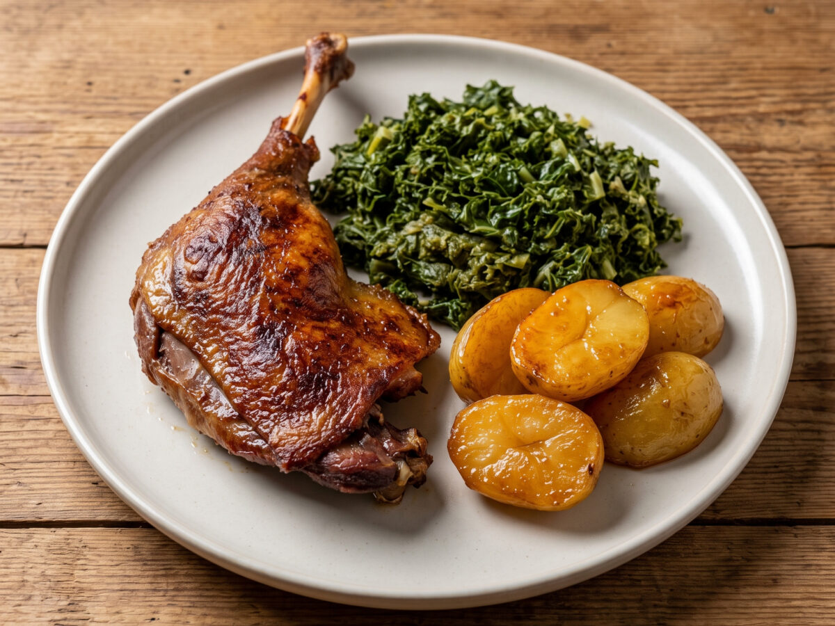 Berliner Gänsekeule mit Grünkohl und karamellisierten Kartoffeln