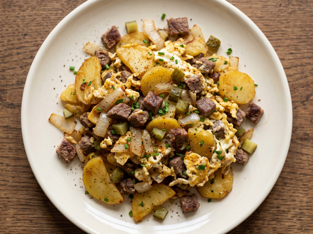 Berliner Kartoffelgericht | Berliner Hoppelpoppel mit Rindfleisch | Knusprige Kartoffeln, würziges Rindfleisch und cremiges Ei