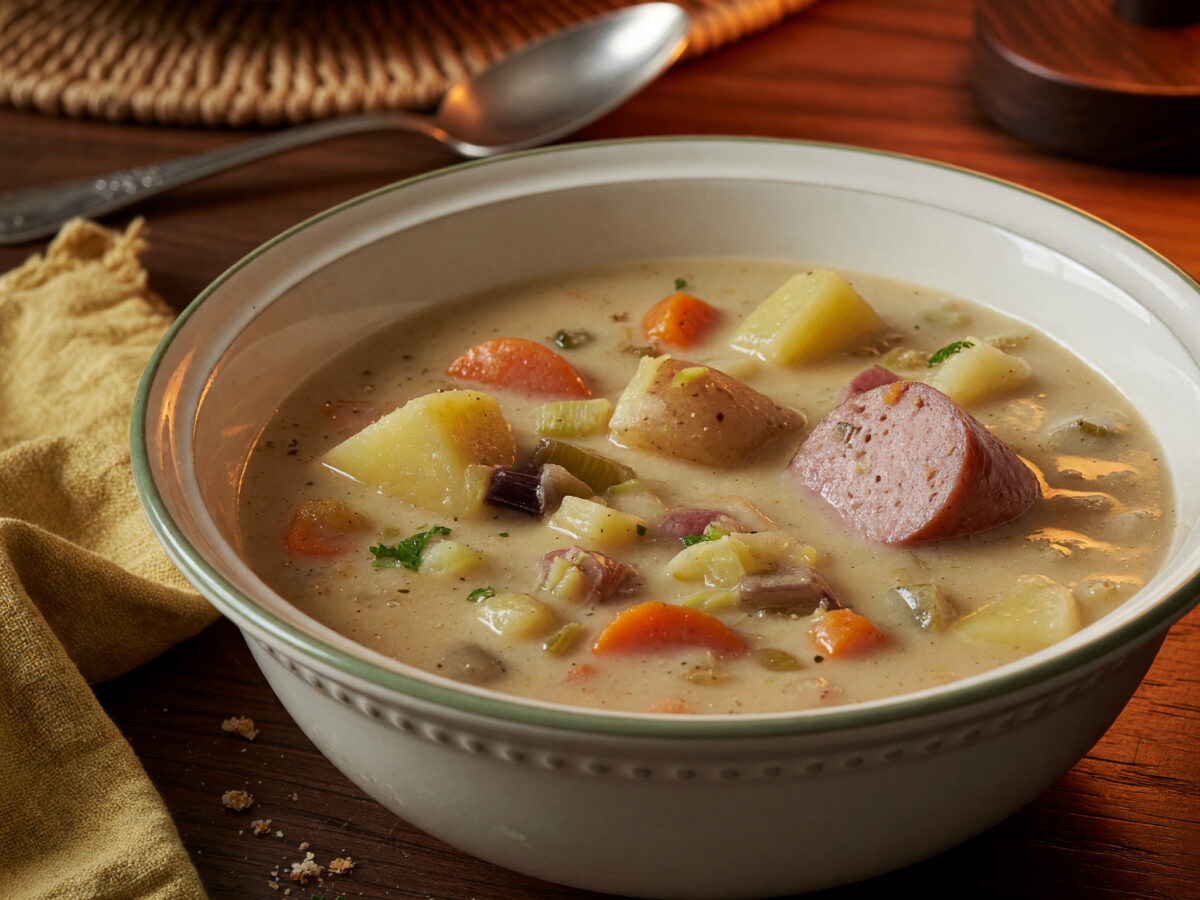 Berliner Kartoffelsuppe wärmt mit Gemüse und herzhafter Einlage.