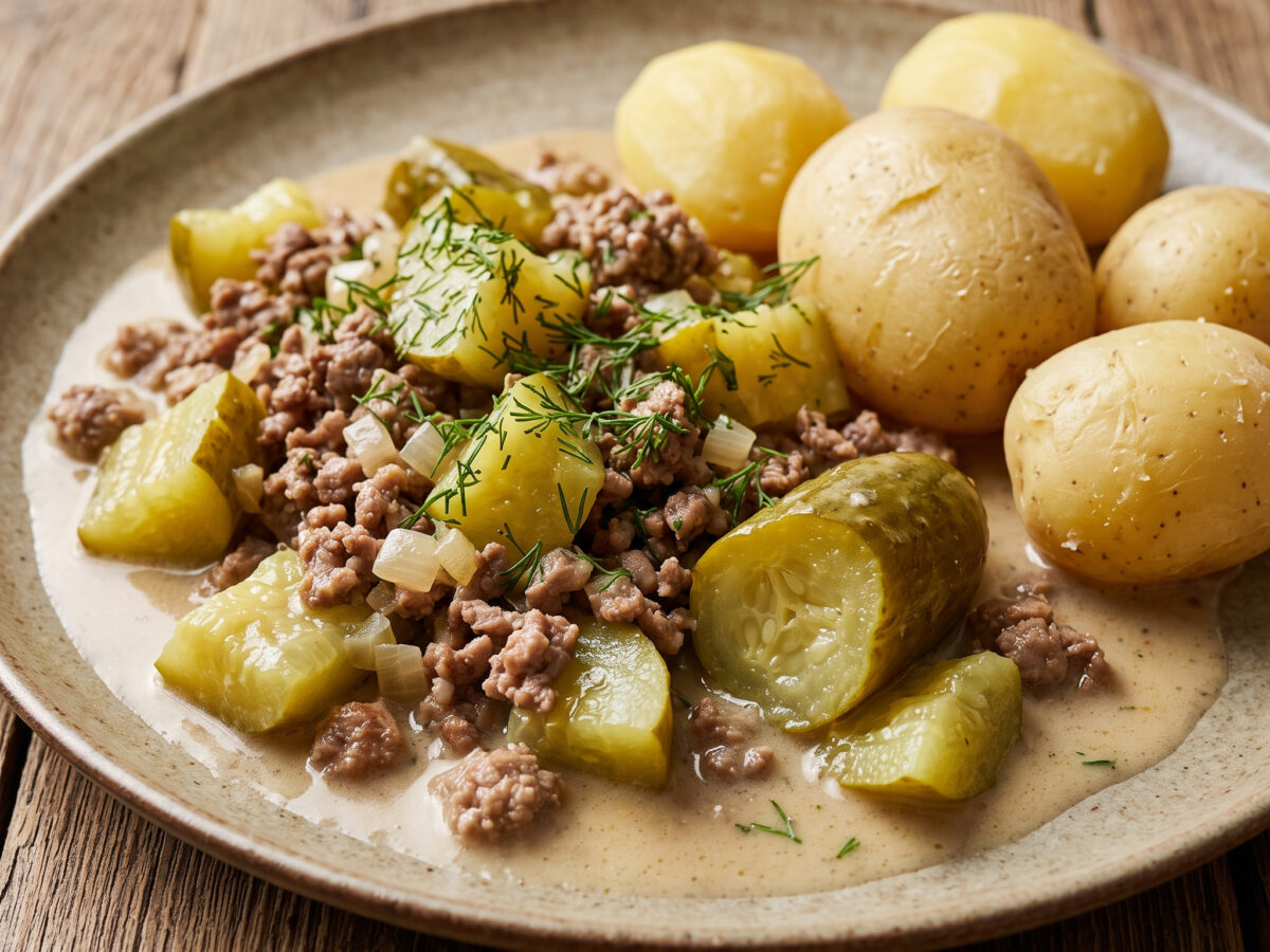 Berliner Schmorgurken mit Hackfleisch und Salzkartoffeln