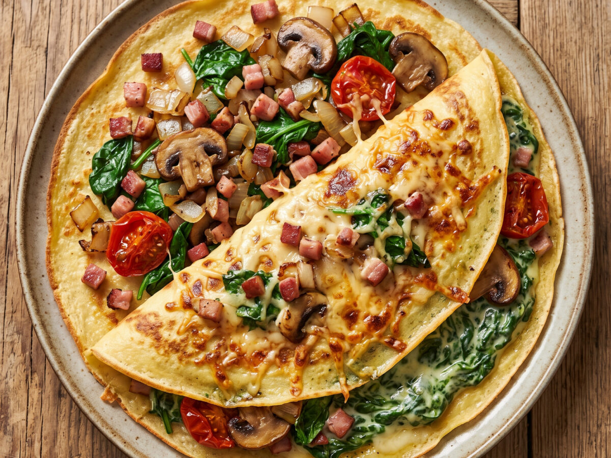 Boarischer Spinatpfannkuchen mit Speck, Pilzen und Käse
