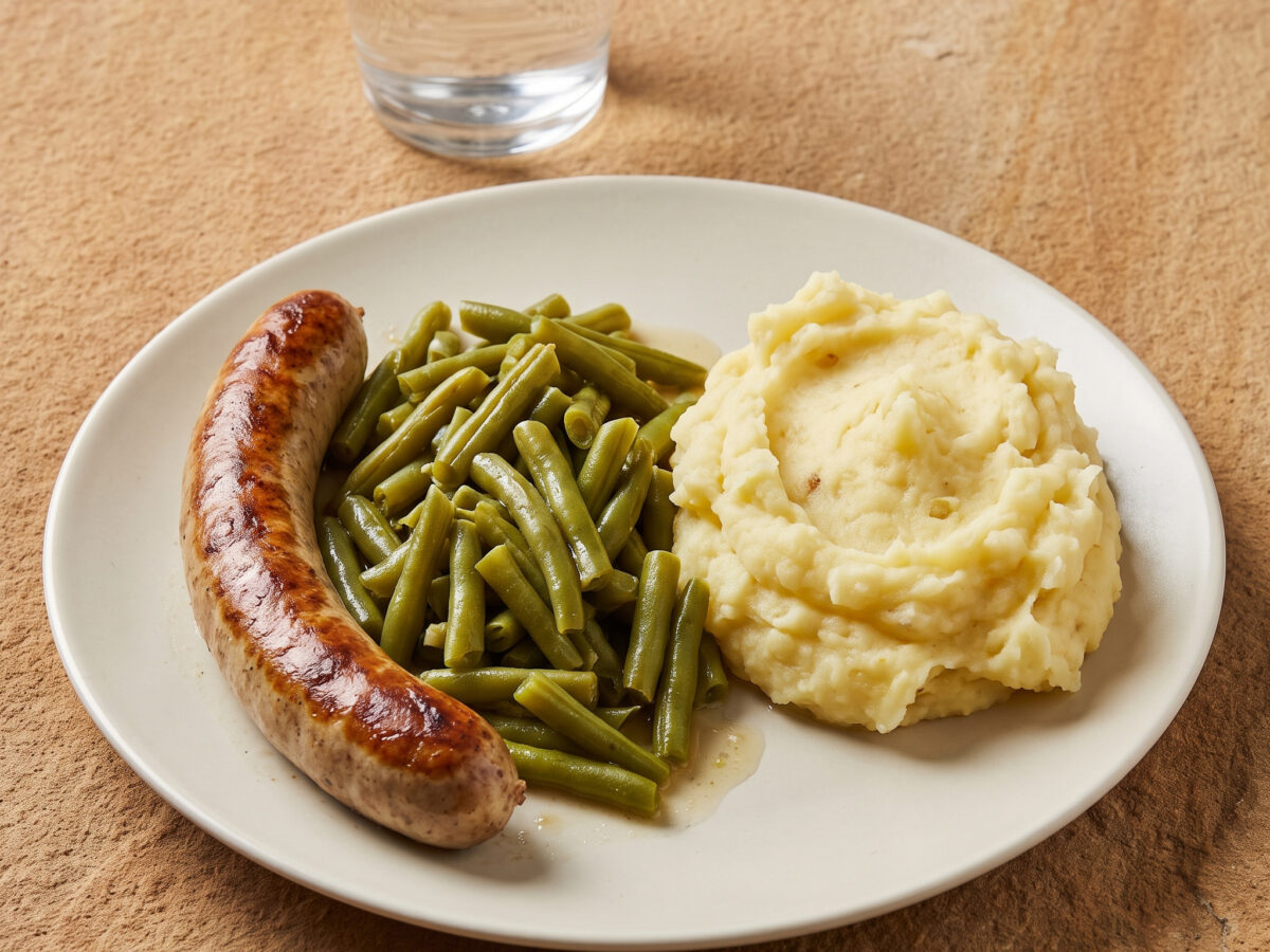 Bohnengemüse mit Thüringer Rostbratwurst und Kartoffelstampf