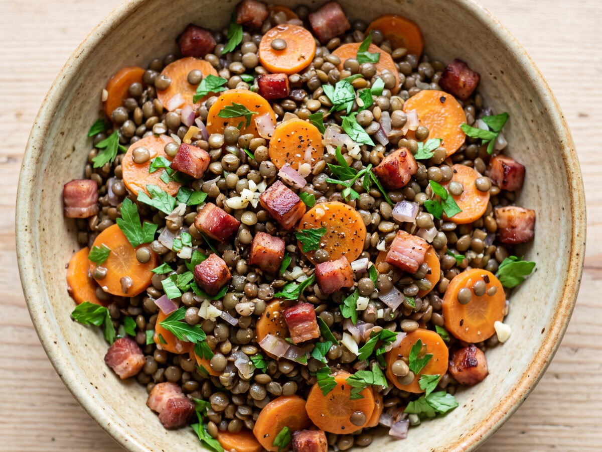 Brandenburgischer Linsensalat mit Räucherspeck und Möhren