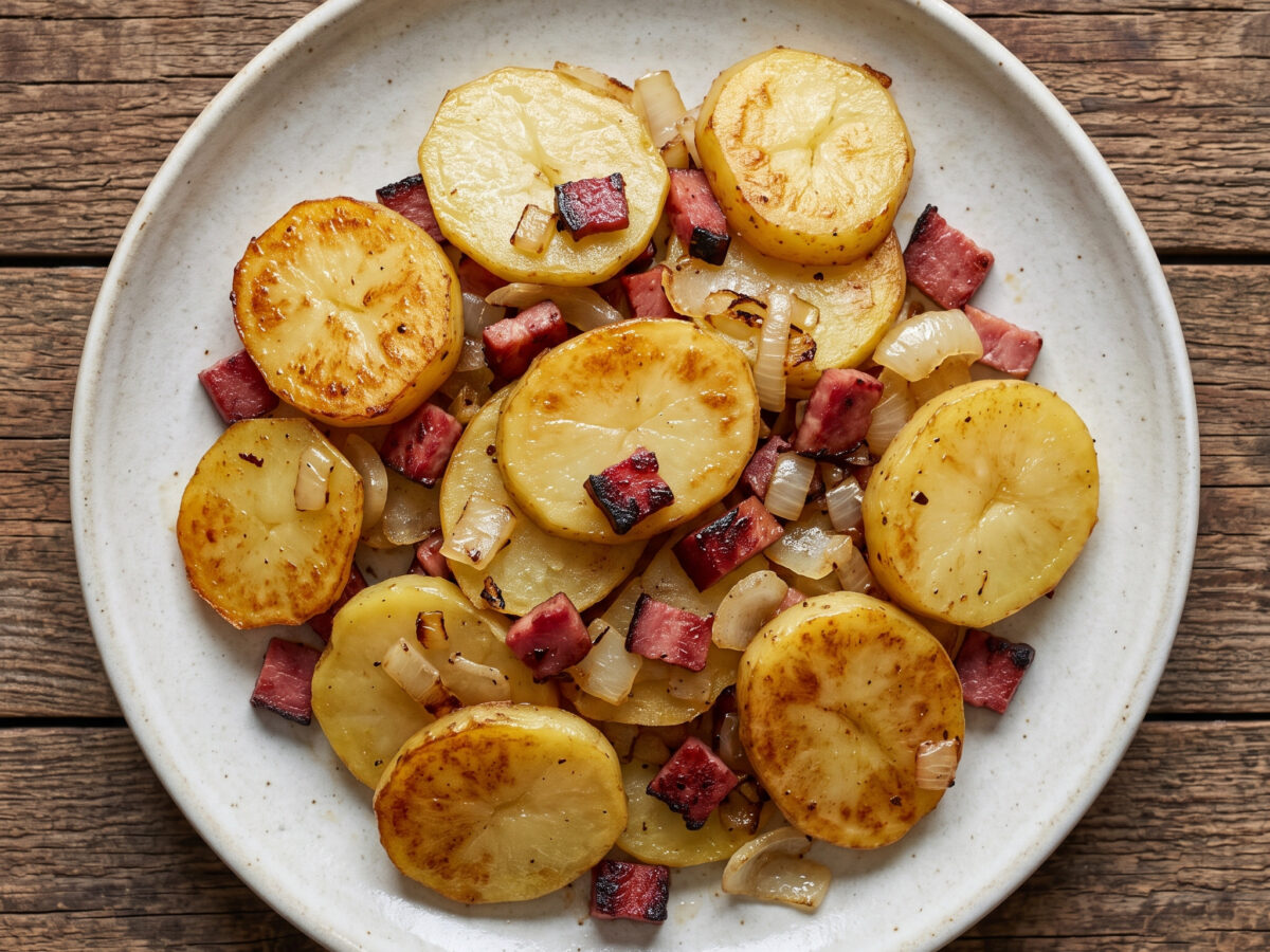 Kartoffelbeilage · mit Katenschinken | Bratkartoffeln mit Holsteiner Katenschinken | Goldbraune Kartoffelscheiben mit rauchigem Schinken und gebräunten Zwiebeln.