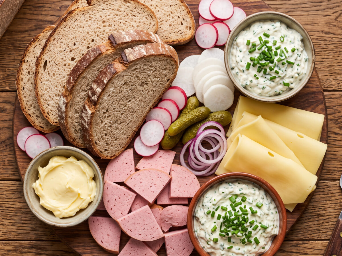 Brotzeitplatte mit Fleischwurst und Gouda