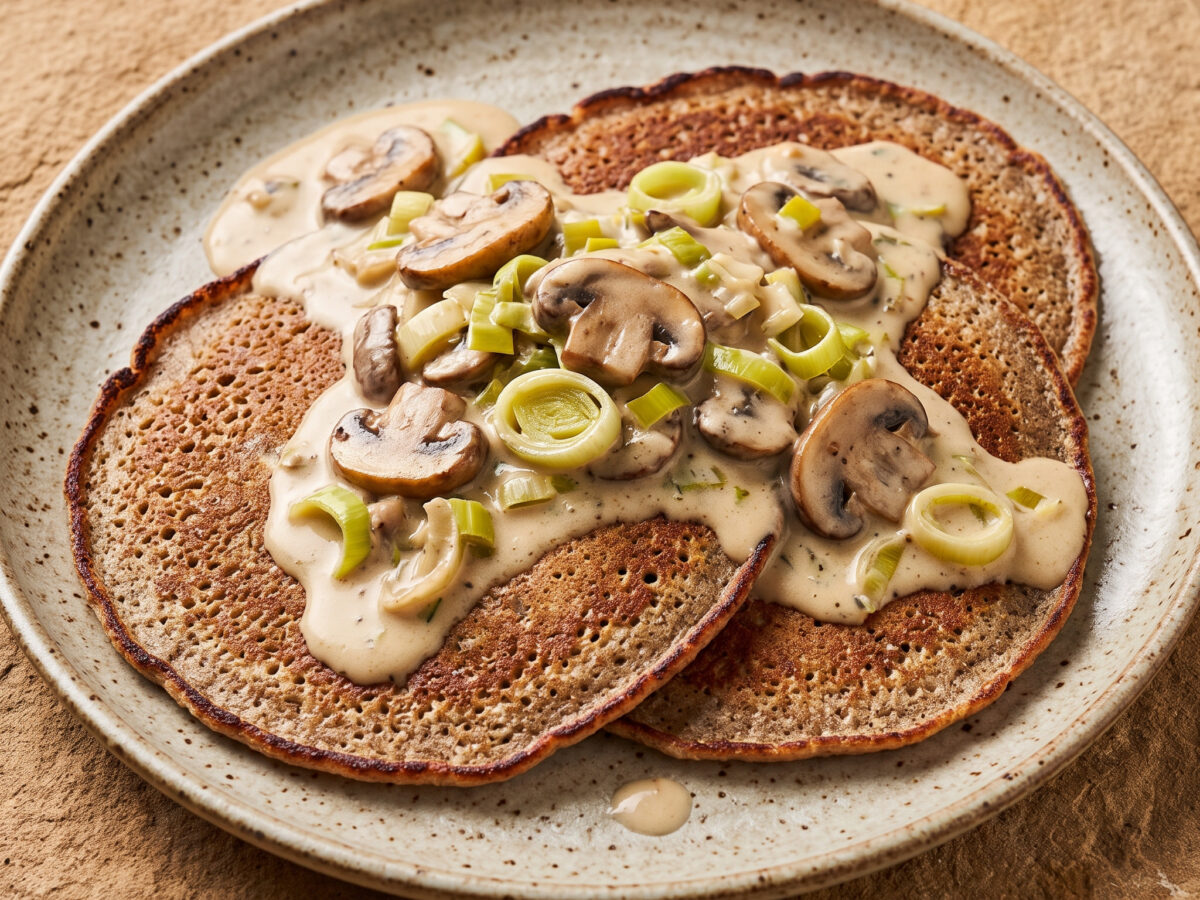 Buchweizenpfannkuchen mit Pilz-Lauch-Rahm