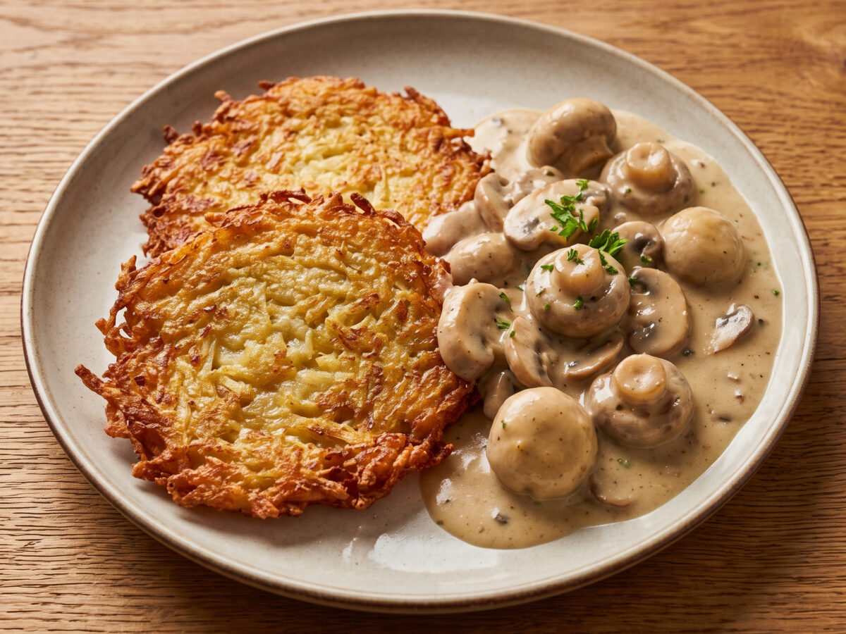 Champignonragout mit rheinischen Reibekuchen