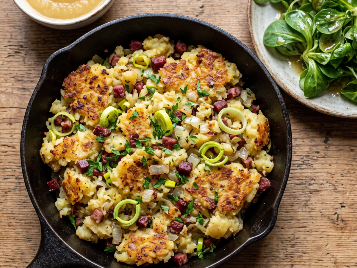 Dibbelabbes mit Apfelmus und Feldsalat