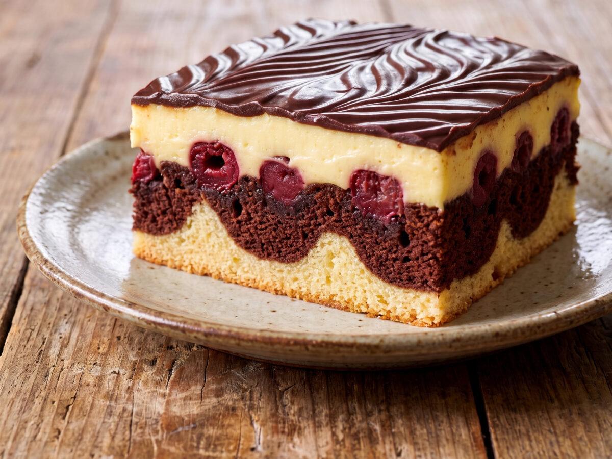 Klassischer Blechkuchen | Donauwelle | Saftiger Marmor-Rührteig mit Sauerkirschen, Vanillecreme und welligem Schokoguss.