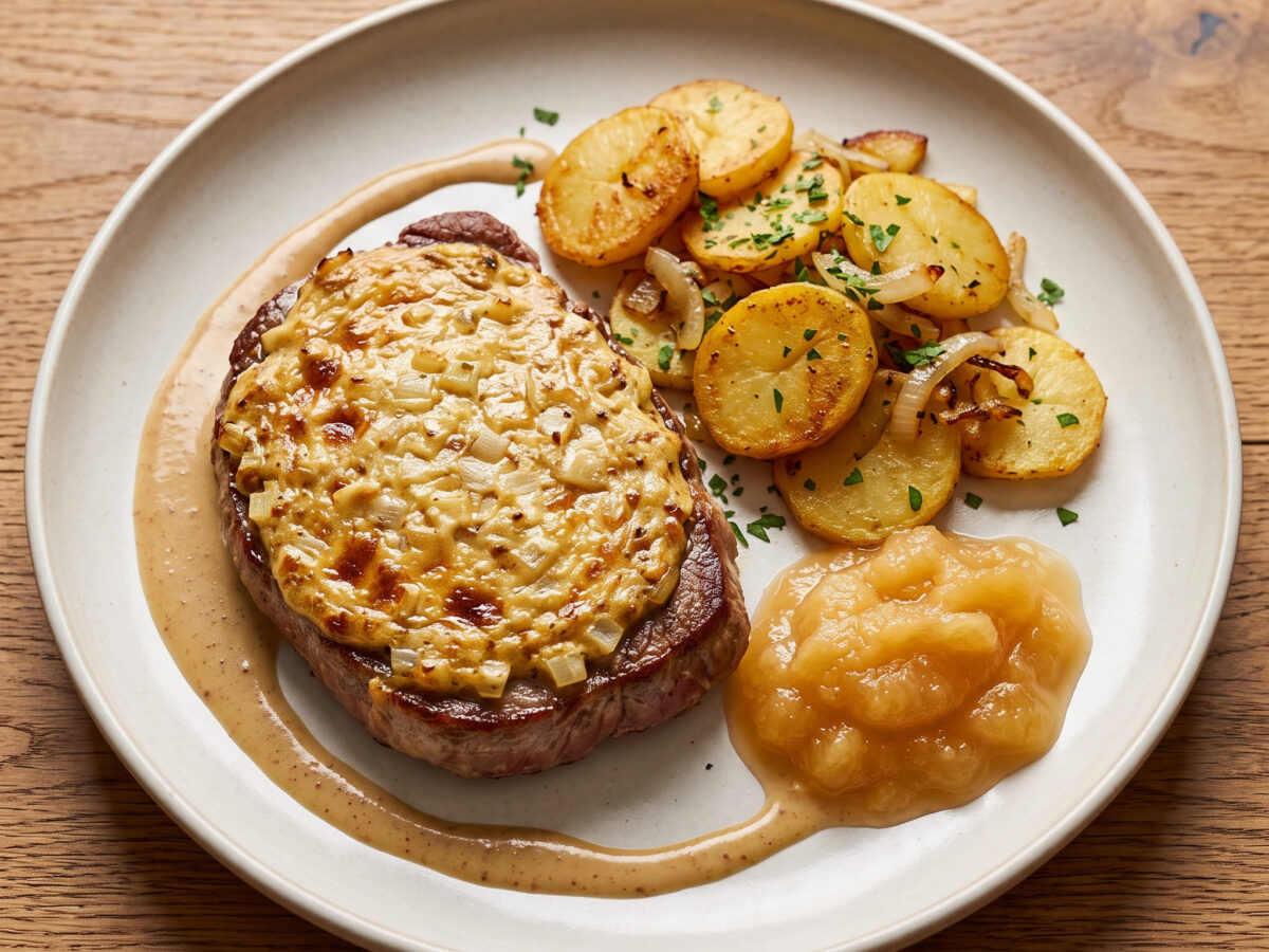 Düsseldorfer Senfrostbraten mit Senf-Zwiebel-Kruste