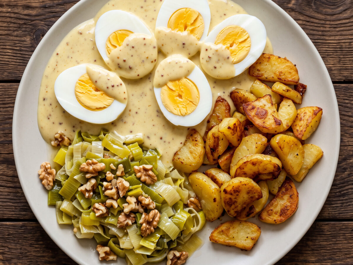 Eier in Senfsoße mit Bratkartoffeln und Walnuss-Lauch