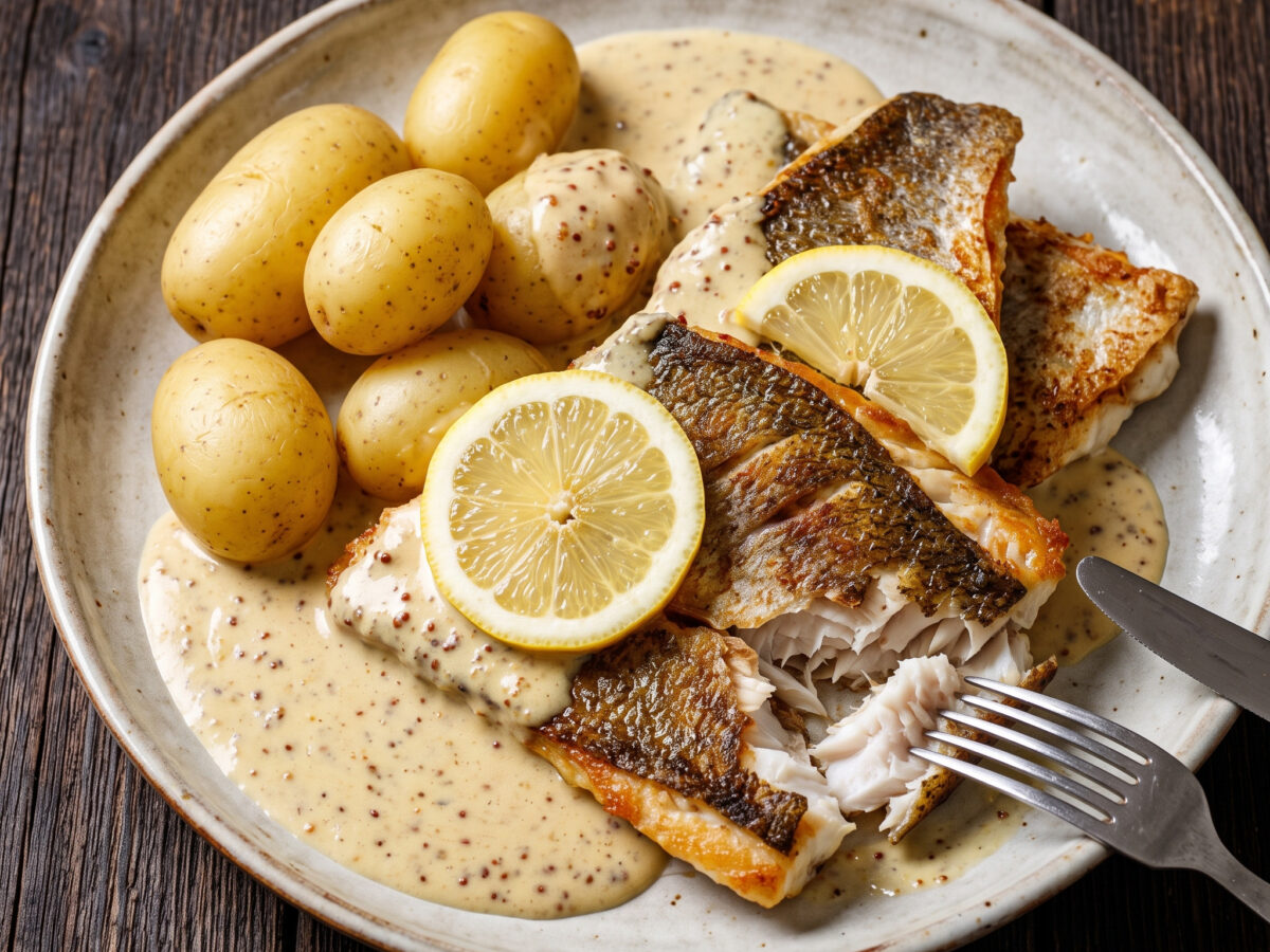 Emsländer Fischpfanne mit Frühkartoffeln und Senfsoße