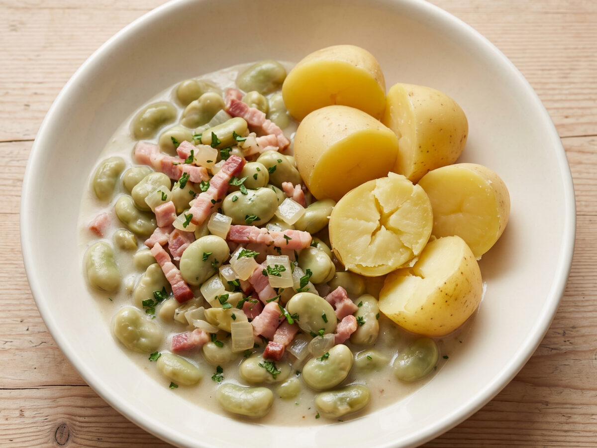 Erfurter Puffbohnen mit Speck und Salzkartoffeln