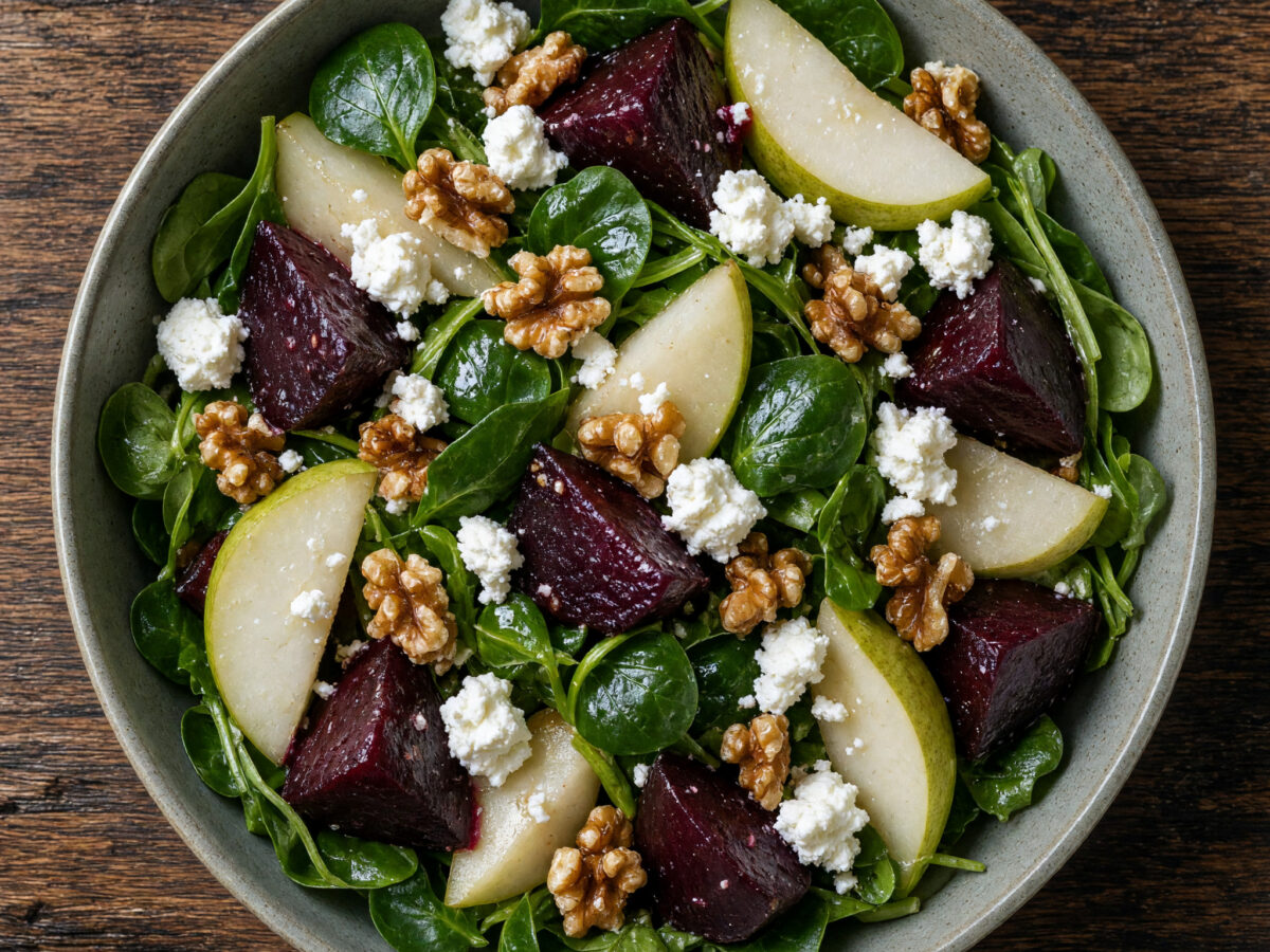 Feldsalat mit Roter Bete, Birne und Ziegenkäse