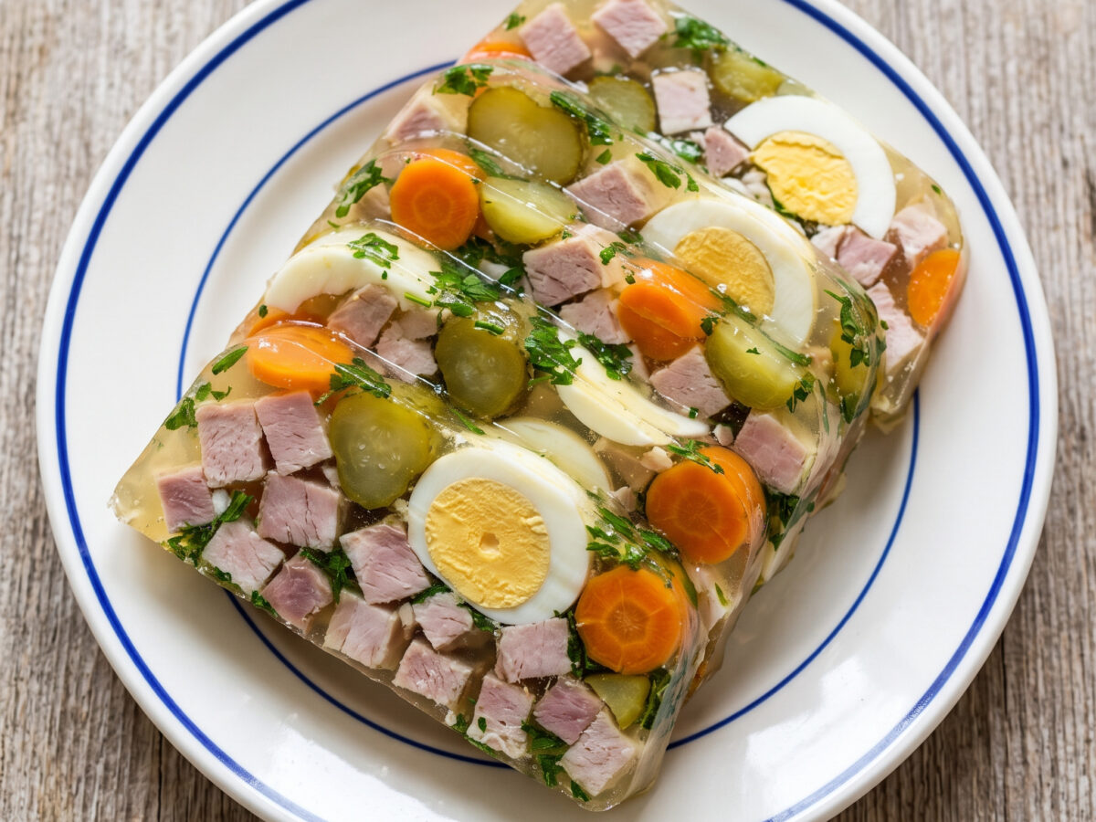 Fleischsülze mit Gewürzgurke und Ei