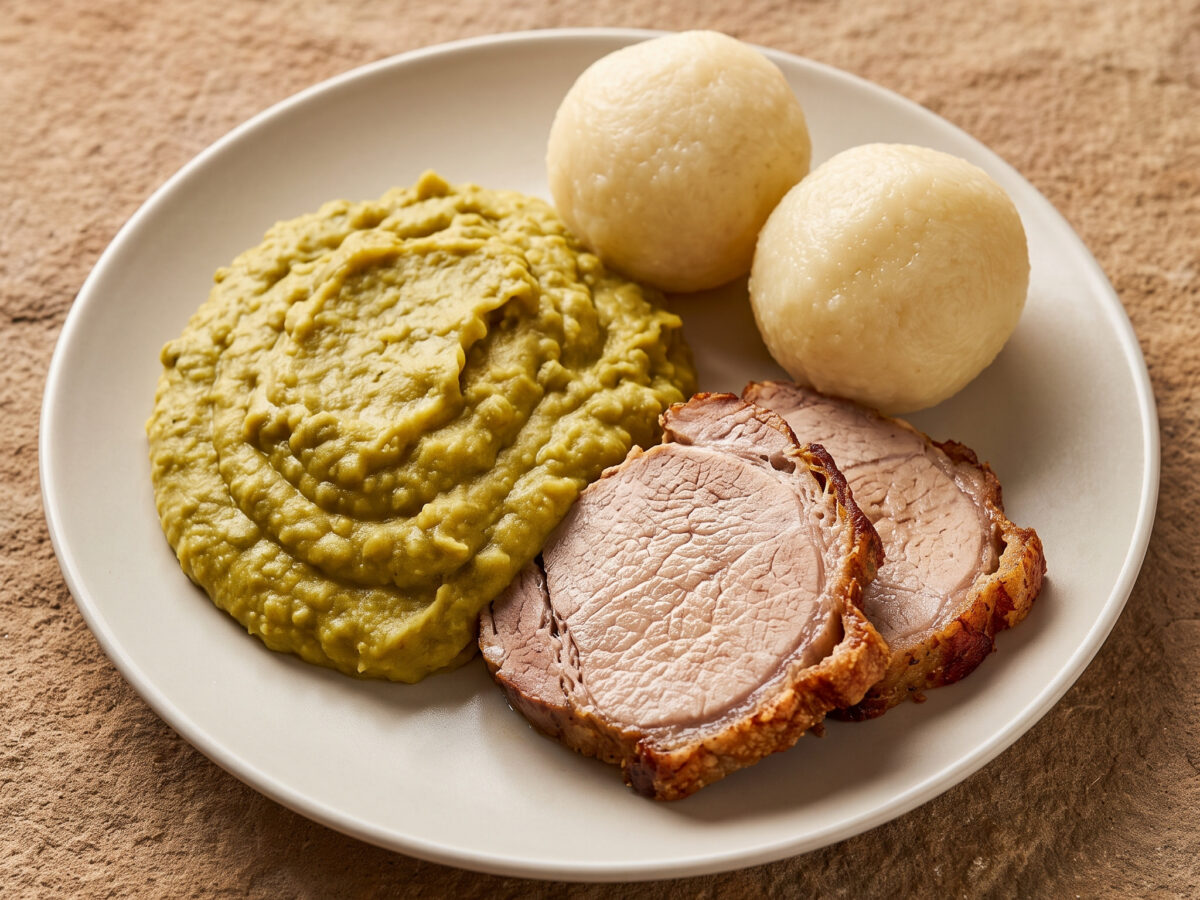 Fränkischer Erbsbrei mit Braten und Klößen