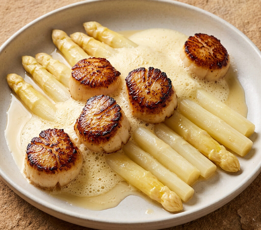 Gebratene Jakobsmuscheln mit Pfälzer Spargel und Rieslingschaum