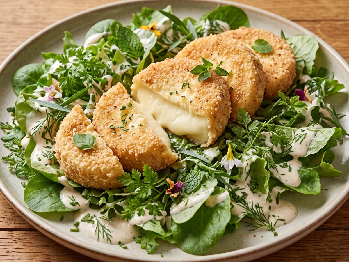 Gebratener Hofweichkäse auf Kräutersalat