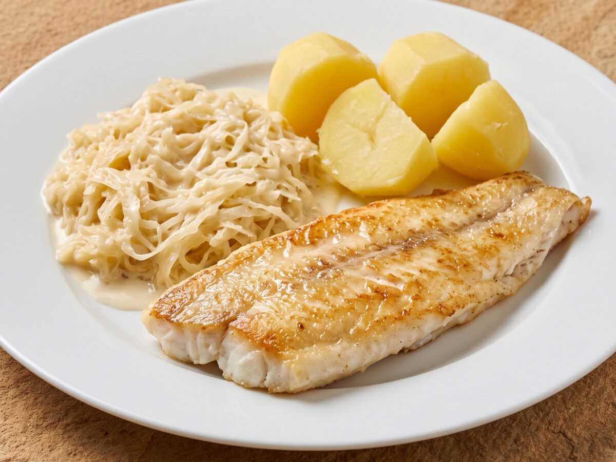 Gebratenes Zanderfilet mit Rahmsauerkraut und Salzkartoffeln
