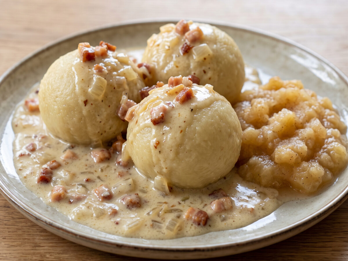 Traditionelles Gericht aus dem Hunsrück | Gefüllte Klöße mit Specksoße | Flauschige Kartoffelklöße mit herzhafter Hackfleischfüllung und Sahnesoße.