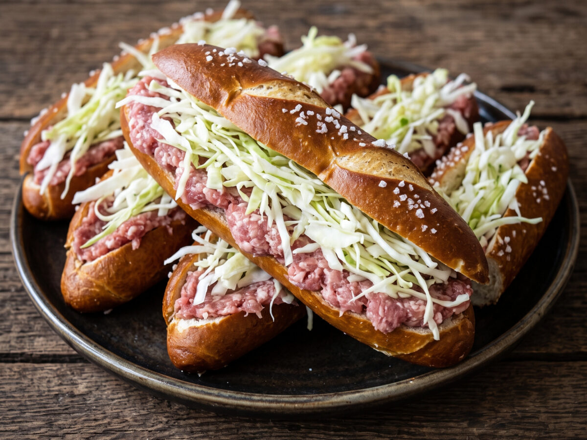 Gefüllte Laugenstangen mit Mett und Krautsalat