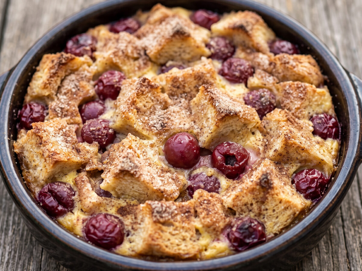 Goldbrauner Kirschauflauf aus alten Brötchen