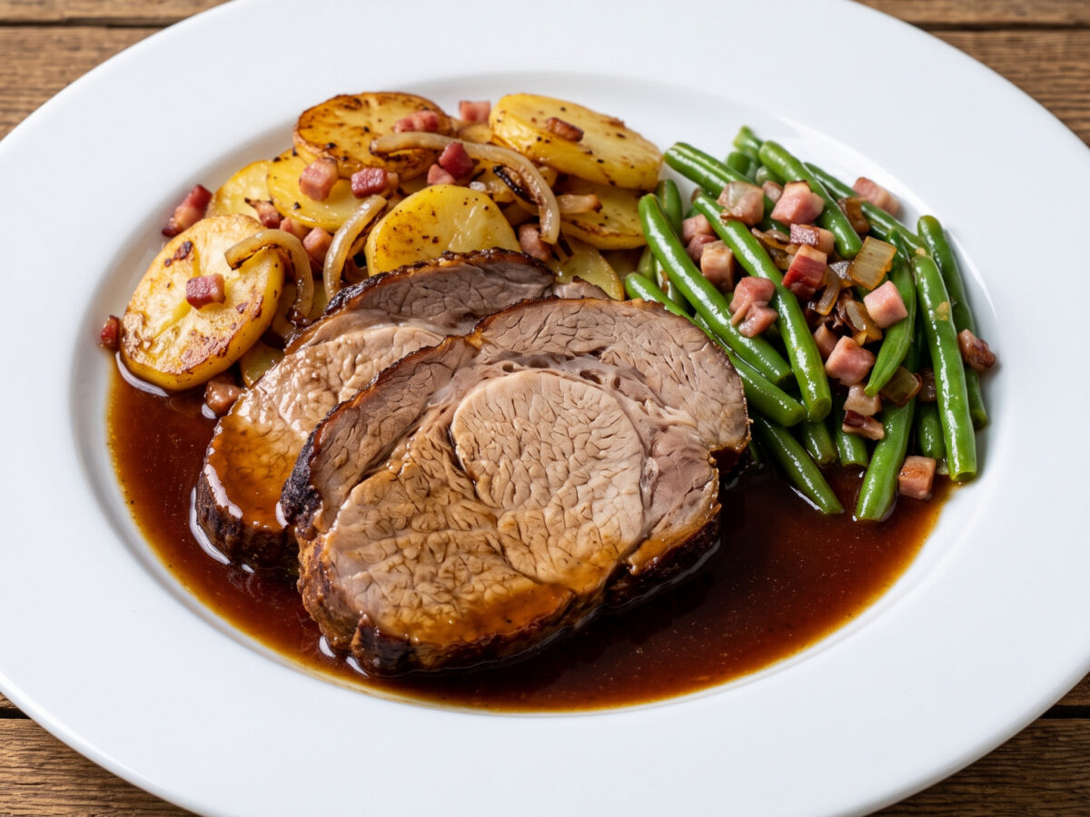 Goslarer Bierbraten mit Bratkartoffeln und Speckbohnen
