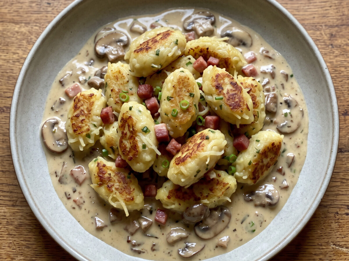 Grombira-Knöpfle mit Pilzrahm und Feldsalat