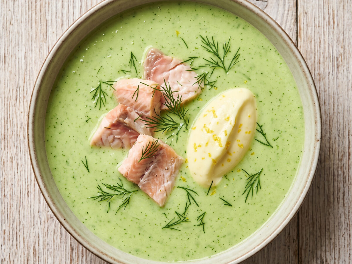 Gurkenkaltschale mit Gin, Joghurt und Bachsaibling