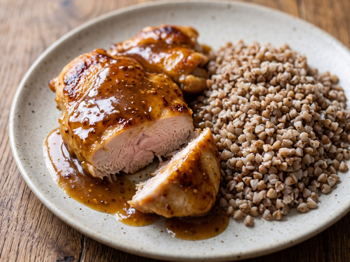 Hähnchen mit Heidehonig-Senf-Sauce und Buchweizen