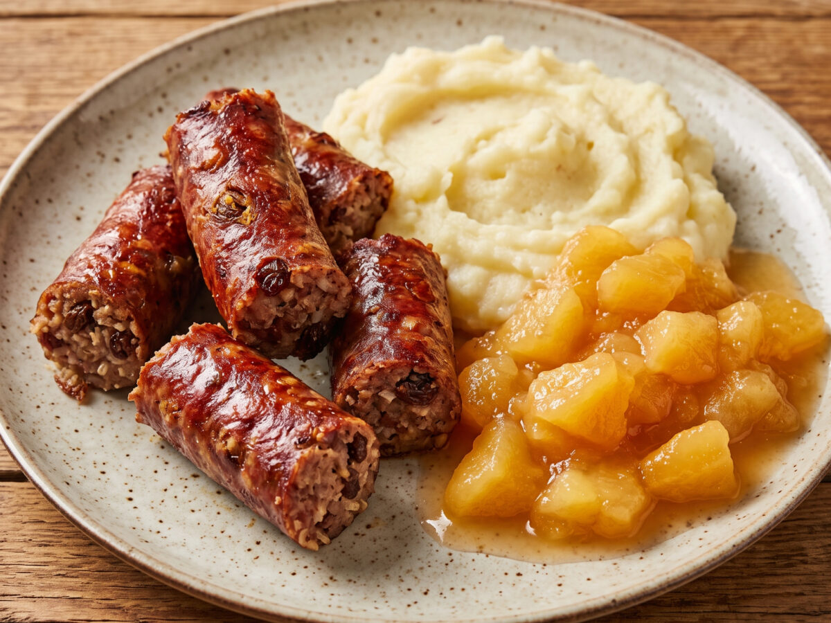 Hamburger Grützwurst mit Kartoffelstampf und Apfelkompott
