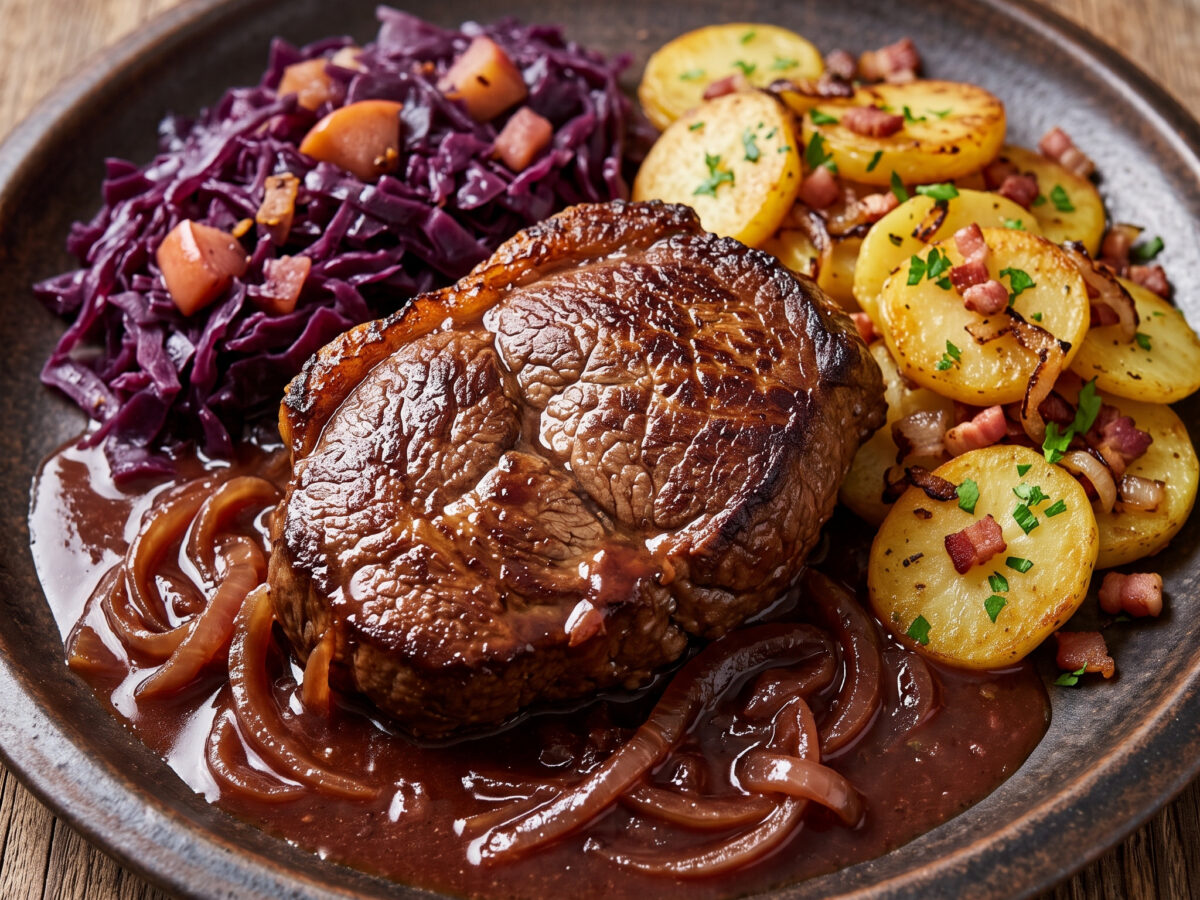 Hamburger Schmorsteak mit Rotkohl und Bratkartoffeln