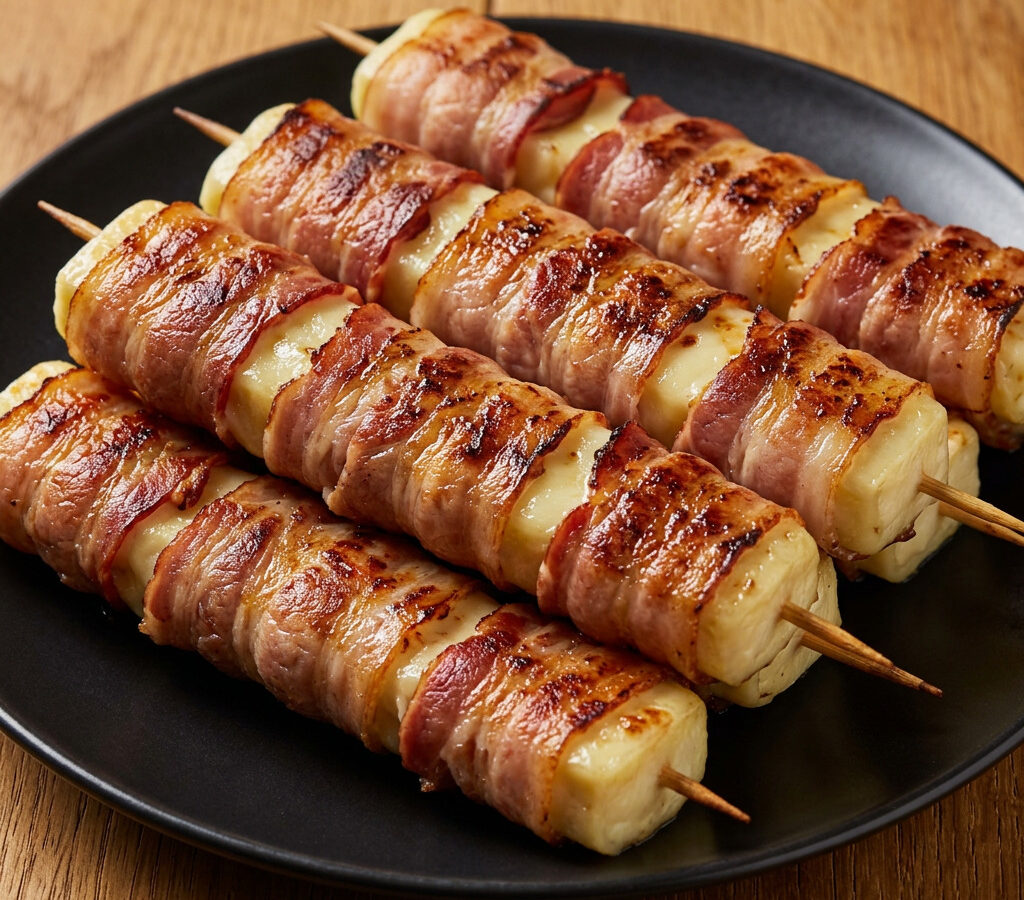 Harzer Käse-Spieße im Speckmantel