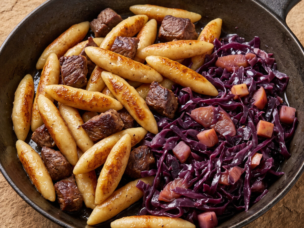 Heidschnucken-Schupfnudelpfanne mit Apfel-Rotkohl