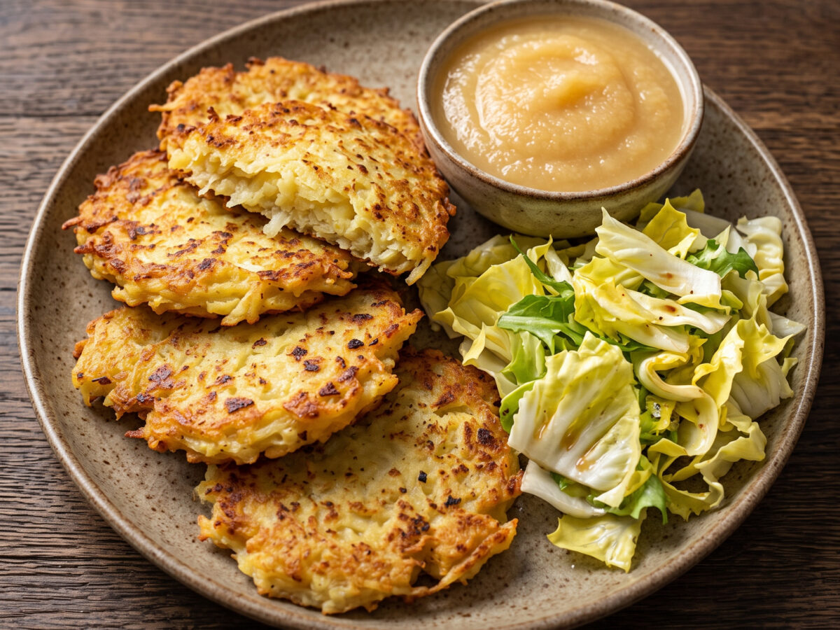 Herdöpfelpuffer mit Apfelmus und Endiviensalat