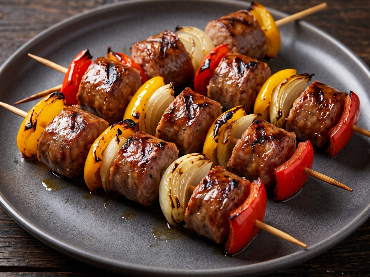 Hessische Bratwurst-Spieße mit Kartoffel-Gurkensalat